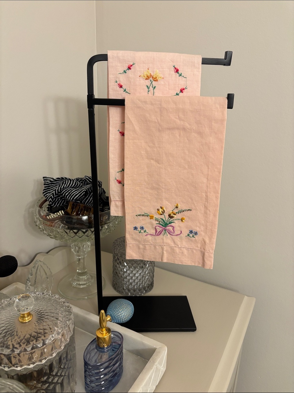 Vintage pink embroidered tea towels